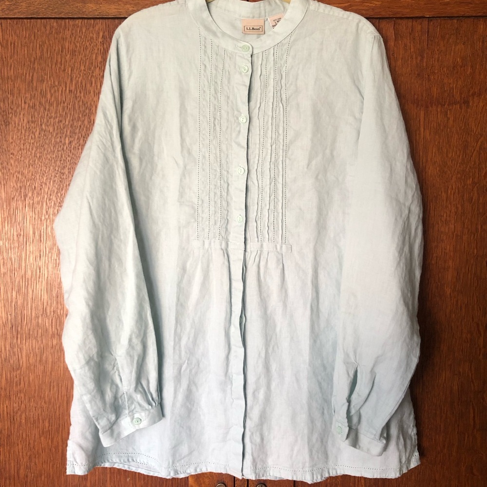 L.L. Bean Linen Aqua Blue tunic top pintuck L button up seafoam blue green - Picture 2 of 7